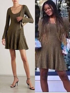 STAUD Raquel Metallic Ribbed Knit Mini Dress Bell Sleeve Fit & Flare Glitter
